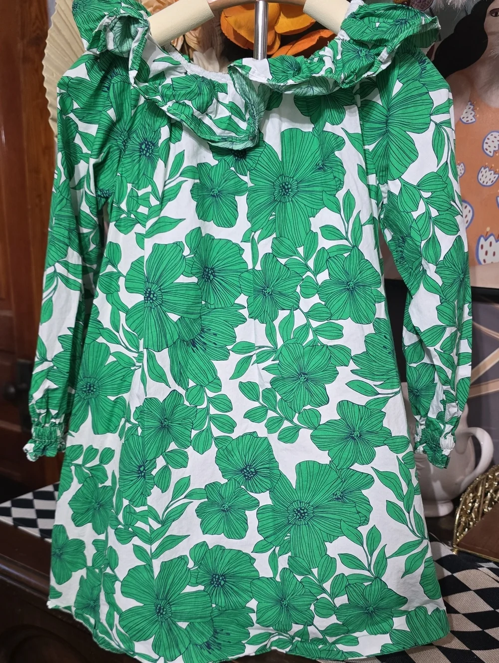 J. Crew Green Floral Ruffle-Neck Casual Dress Crew Cuts